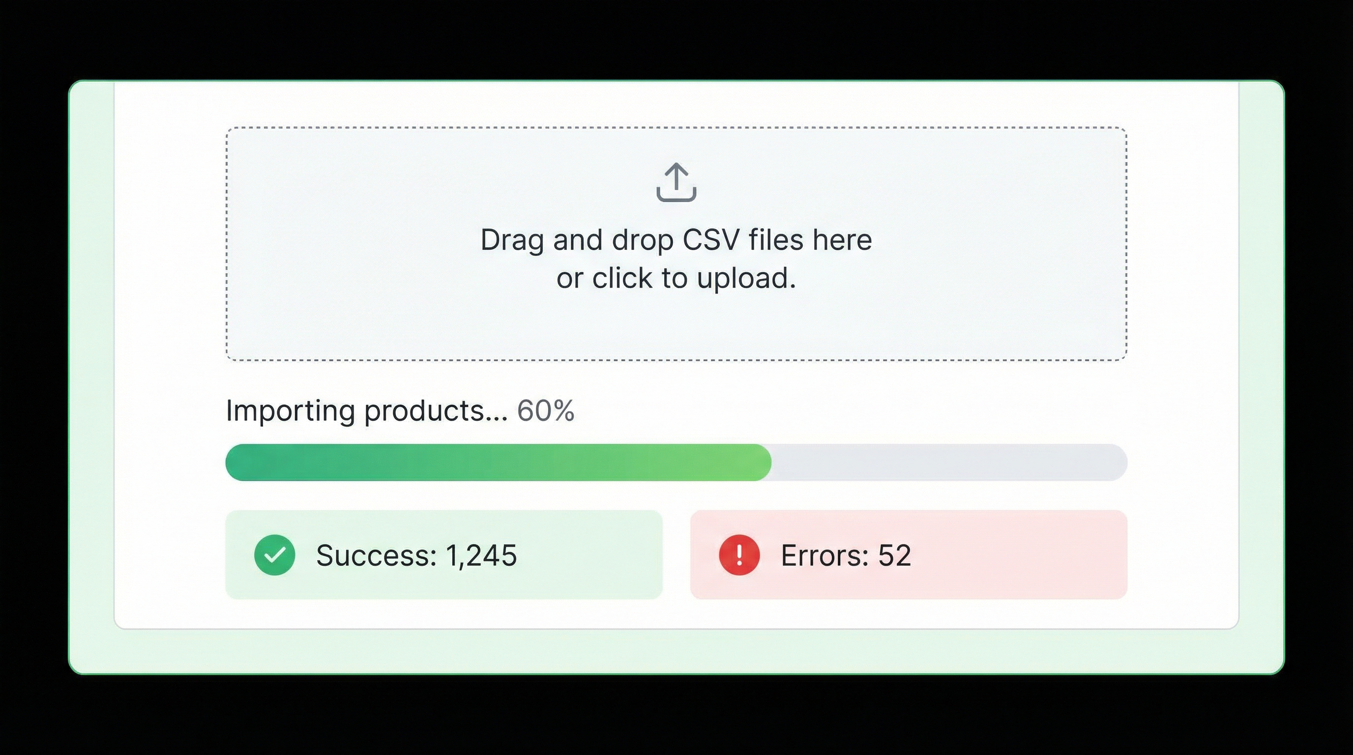 Shopify import panel with progress bar