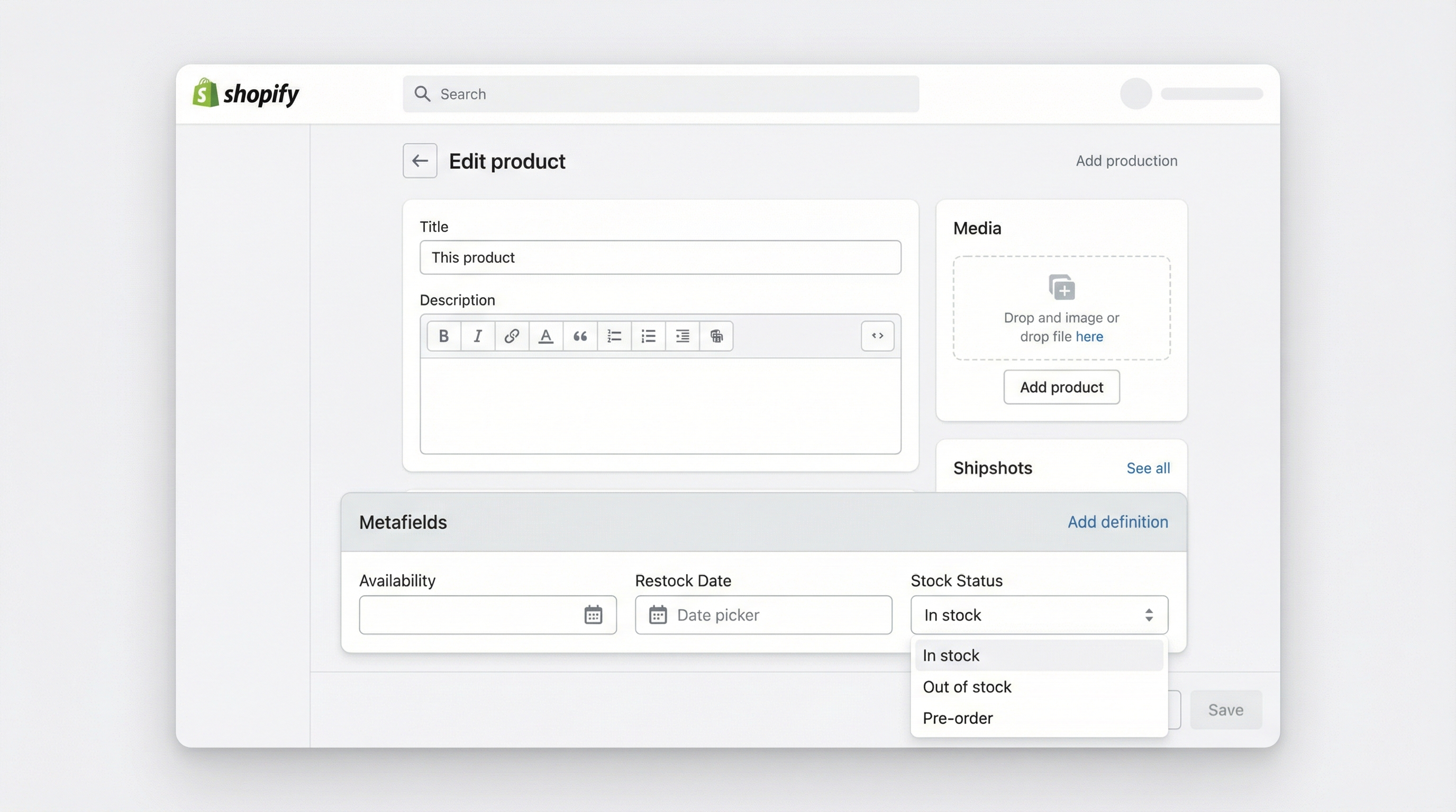 Shopify interface showing Metafields configuration and stock status