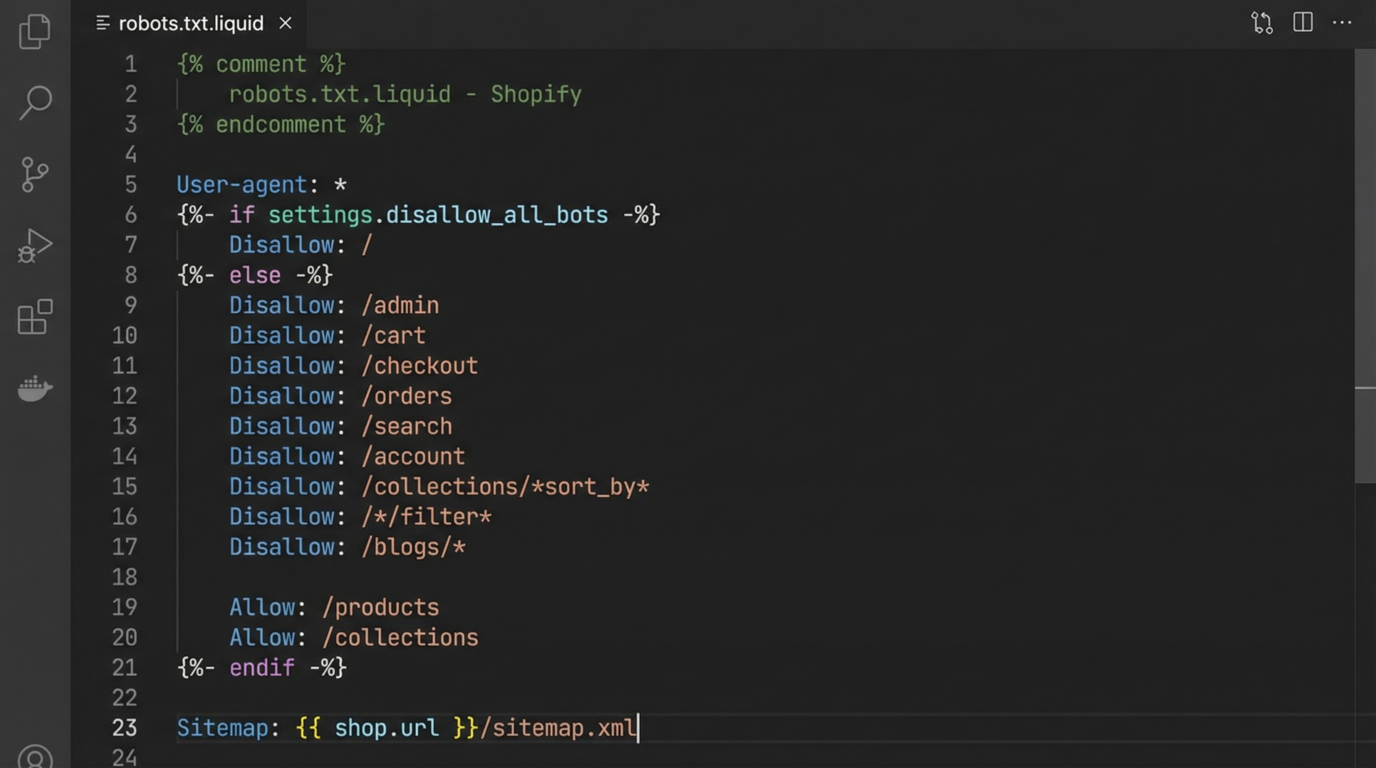 Plantilla de código liquid para robots txt en editor oscuro