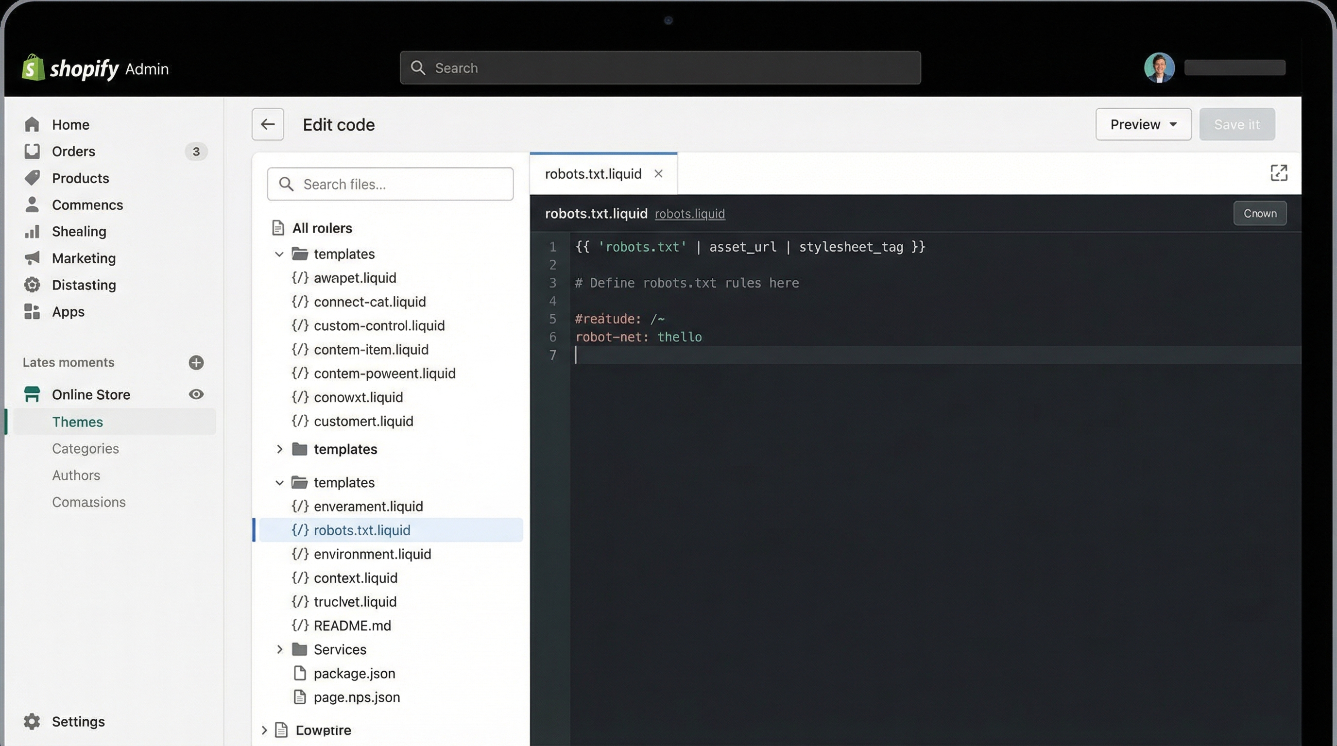 Editor de código Shopify mostrando archivo robots txt liquid