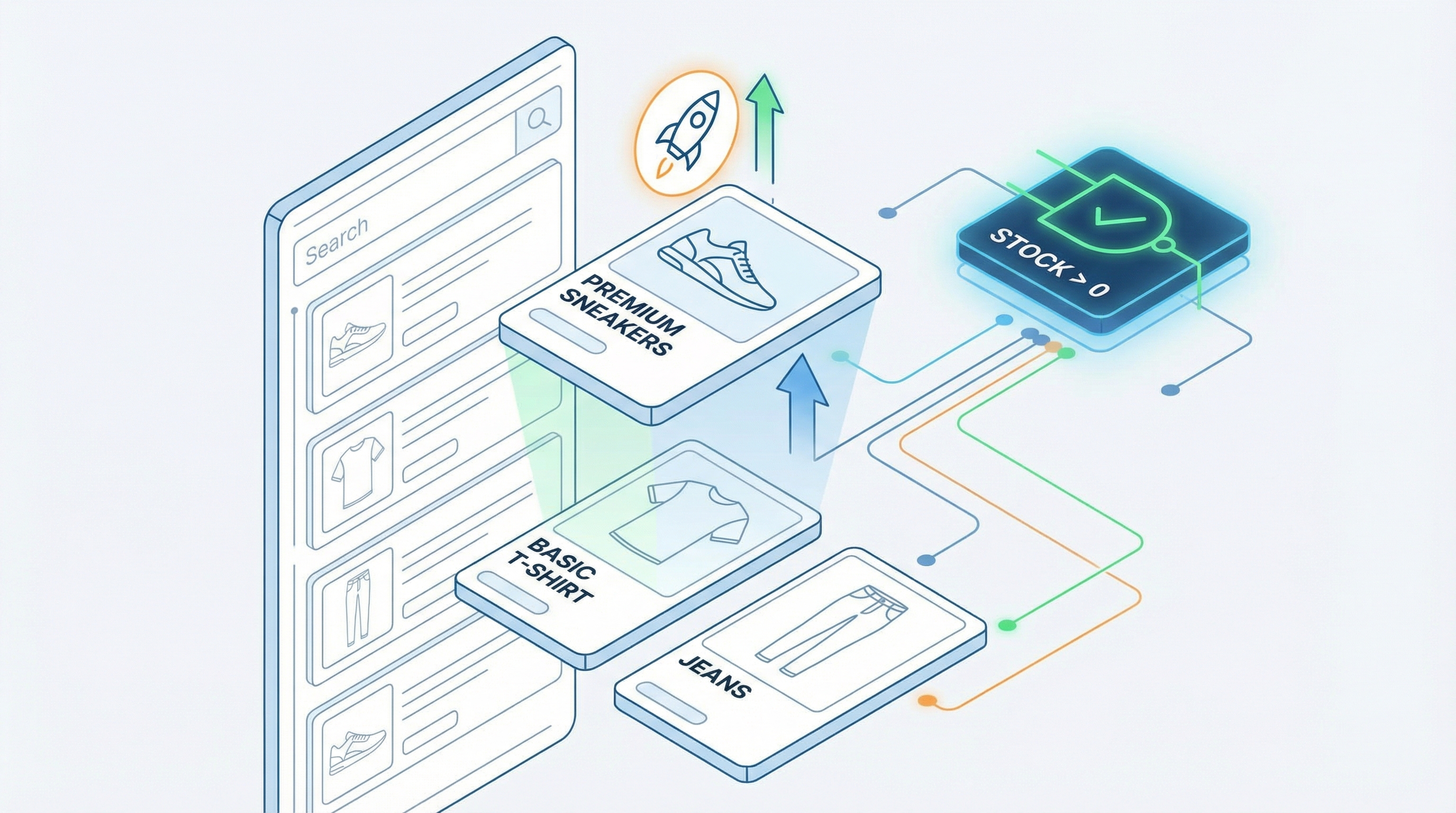 Merchandising logic diagram applying boost rules for in-stock products:merchandising_boost