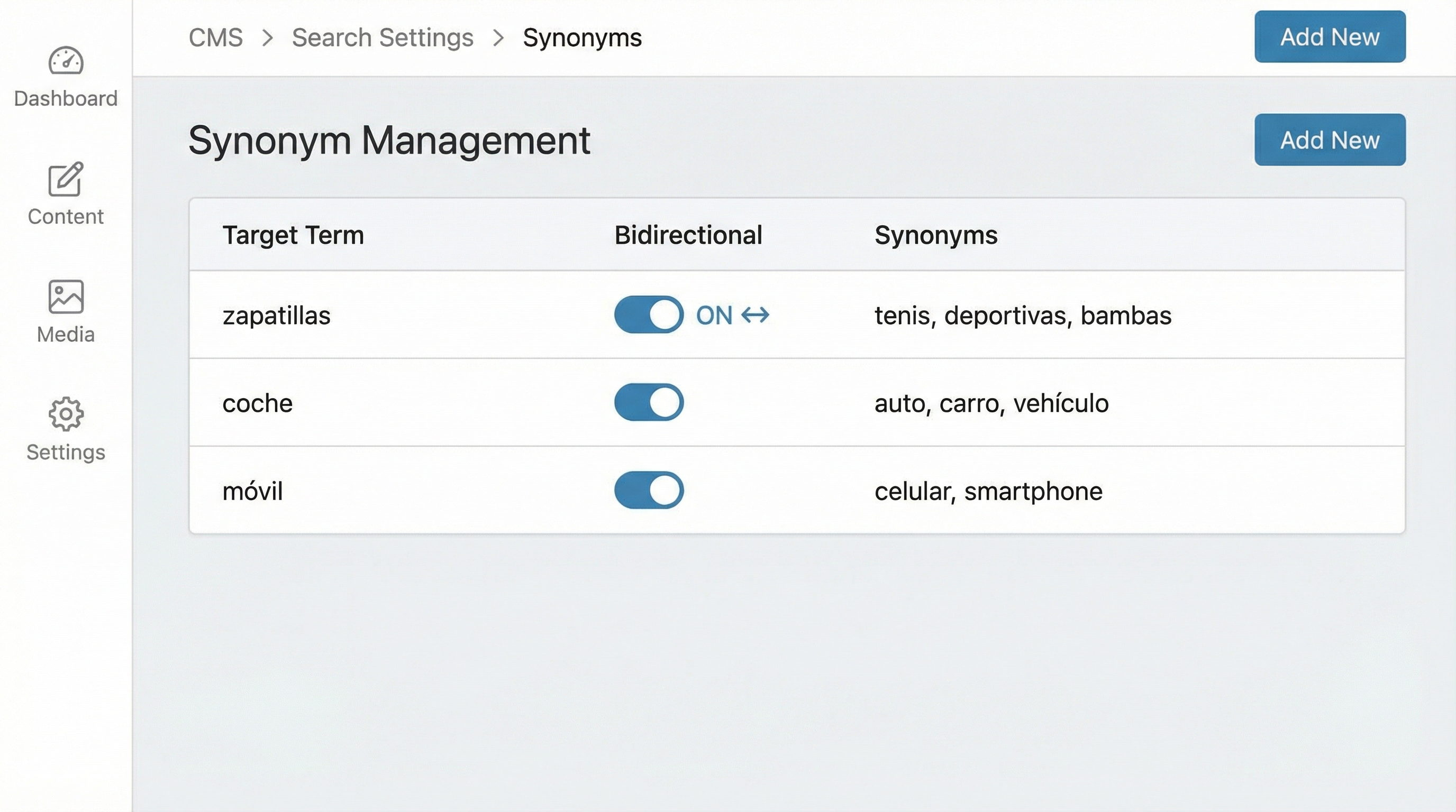 Bidirectional synonym list configuration in Shopify admin:synonyms_list